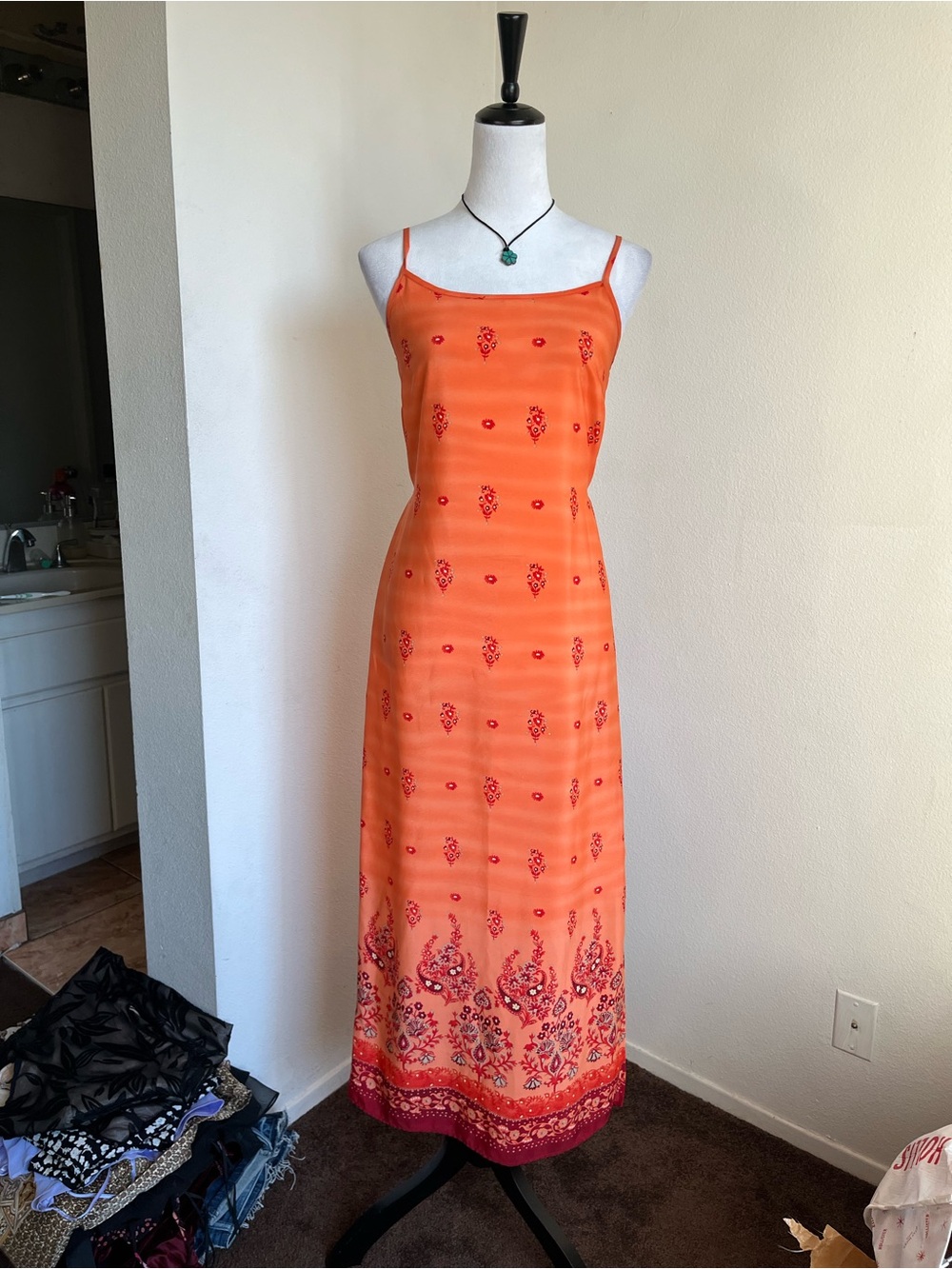 Vintage 90s Orange Maxi Dress with floral print size M